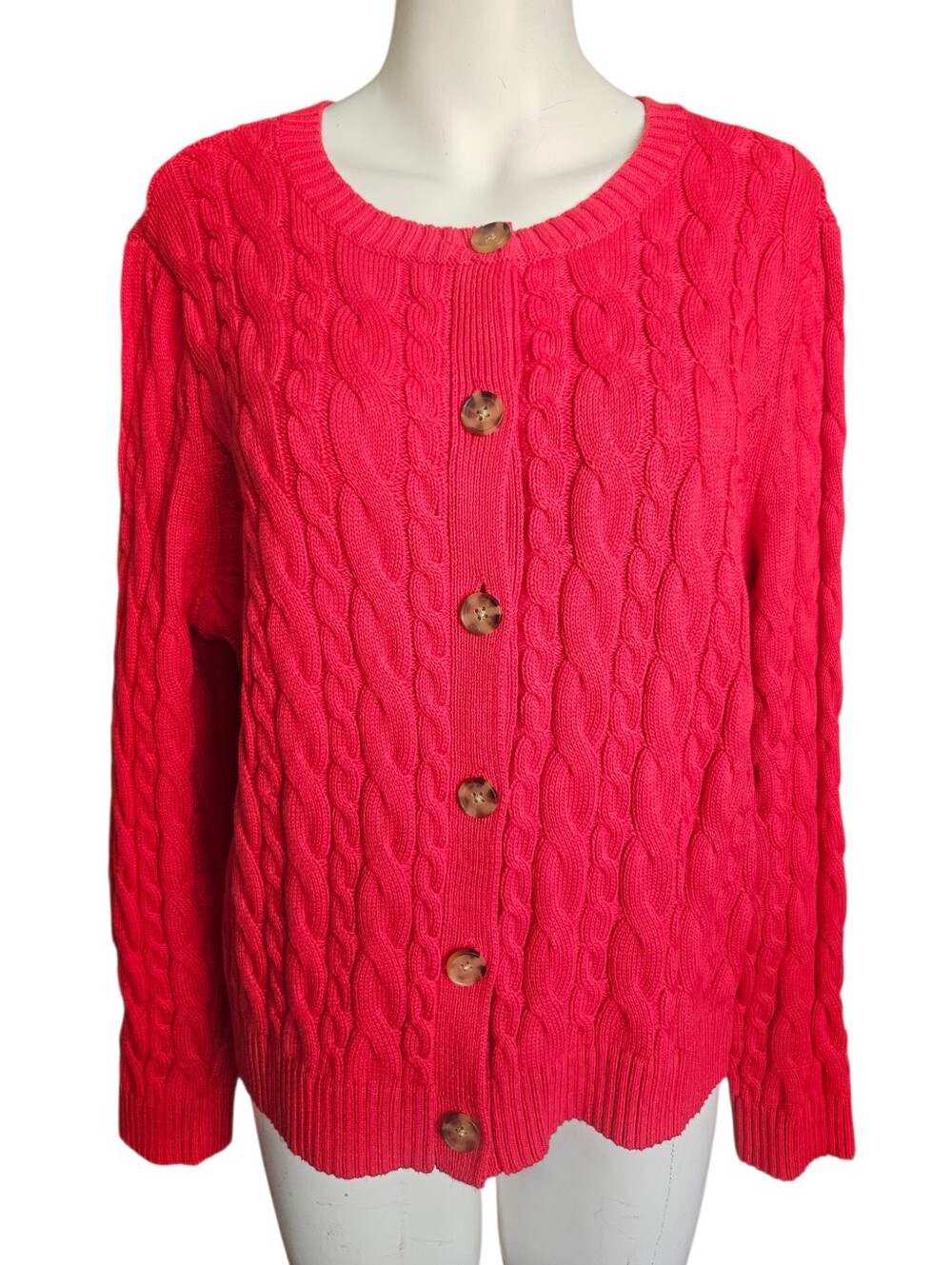 Lands End Drifter Cardigan Women XL/P Red Cable Knit Button Up Sweater Fisherman